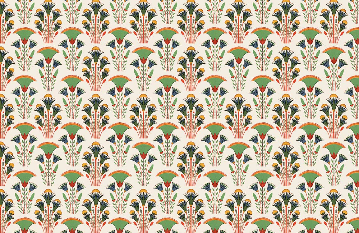 Art Deco Floral Pattern Wallpaper in Pastel Green and Orange Hues
