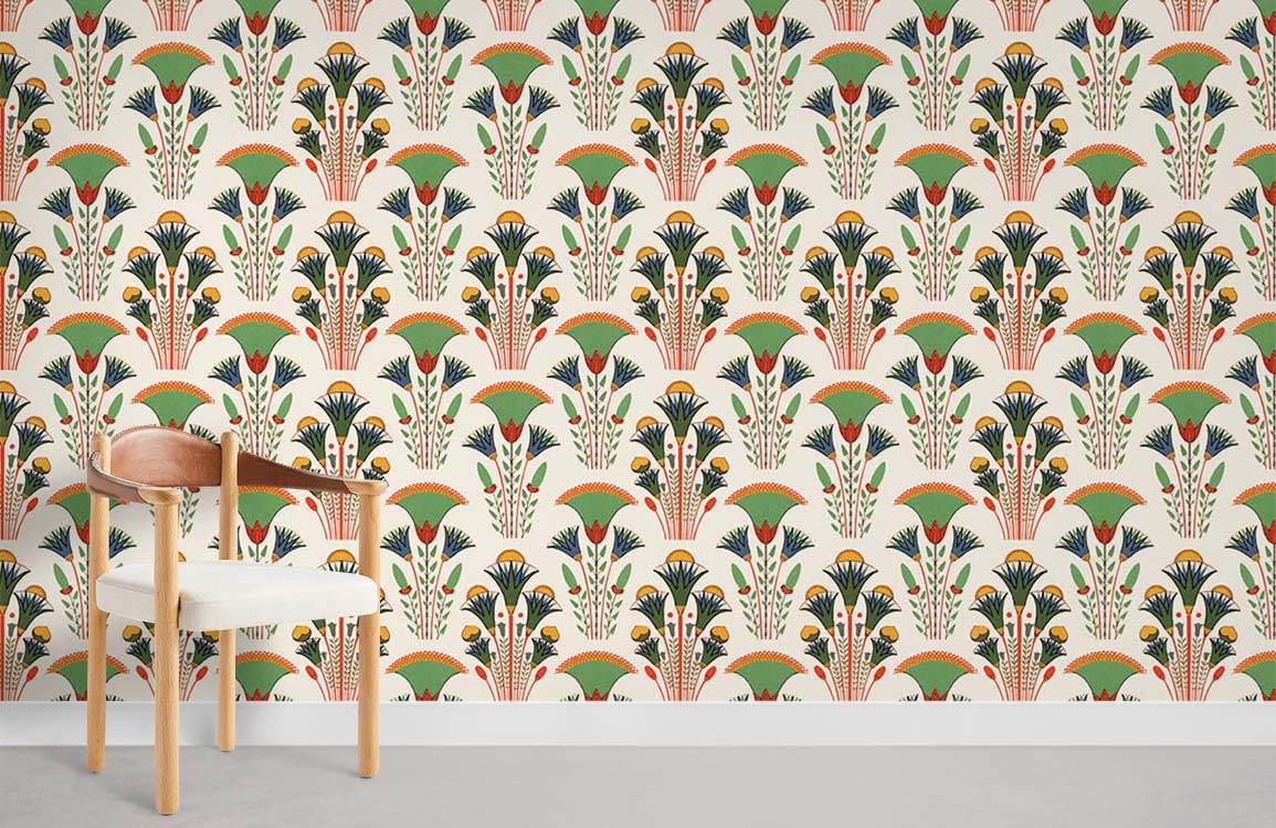Art Deco Floral Pattern Wallpaper in pastel green and orange, wooden chair, grey flooring, white wall.