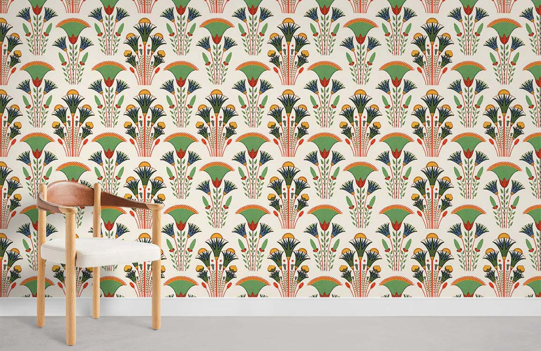 Art Deco Floral Pattern Wallpaper in pastel green and orange, wooden chair, grey flooring, white wall.