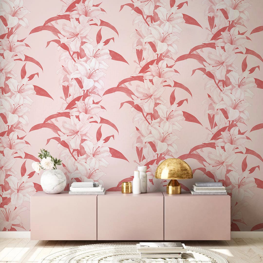 Vintage Coral Floral Wallpaper in elegant room with pink sideboard, round rug, and gold lamp.