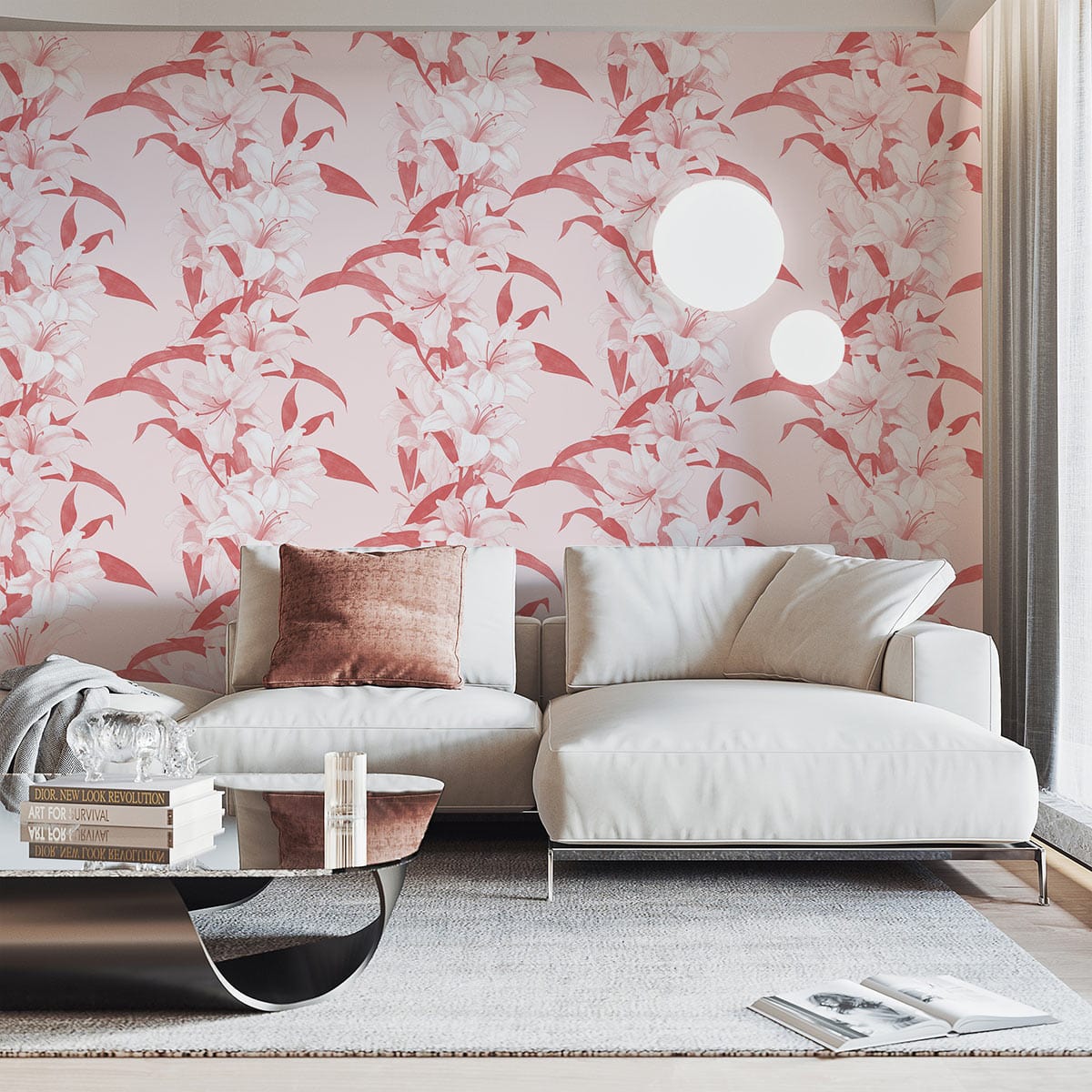 Vintage Coral Floral Wallpaper in elegant living room with white sofa and modern coffee table.