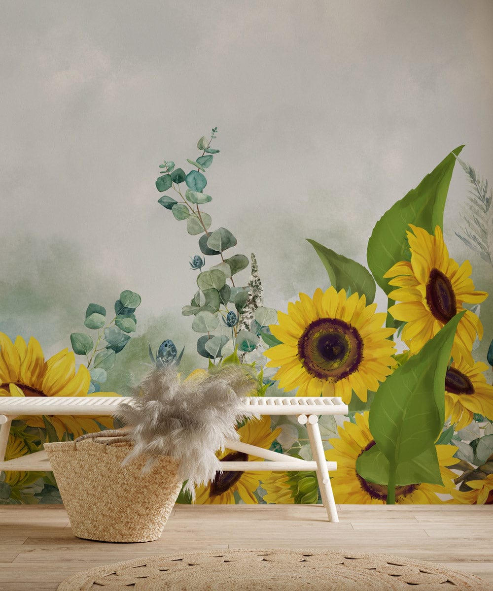 Sunflower Bliss floral mural wallpaper in living room, wooden flooring, white bench, wicker basket Décor.