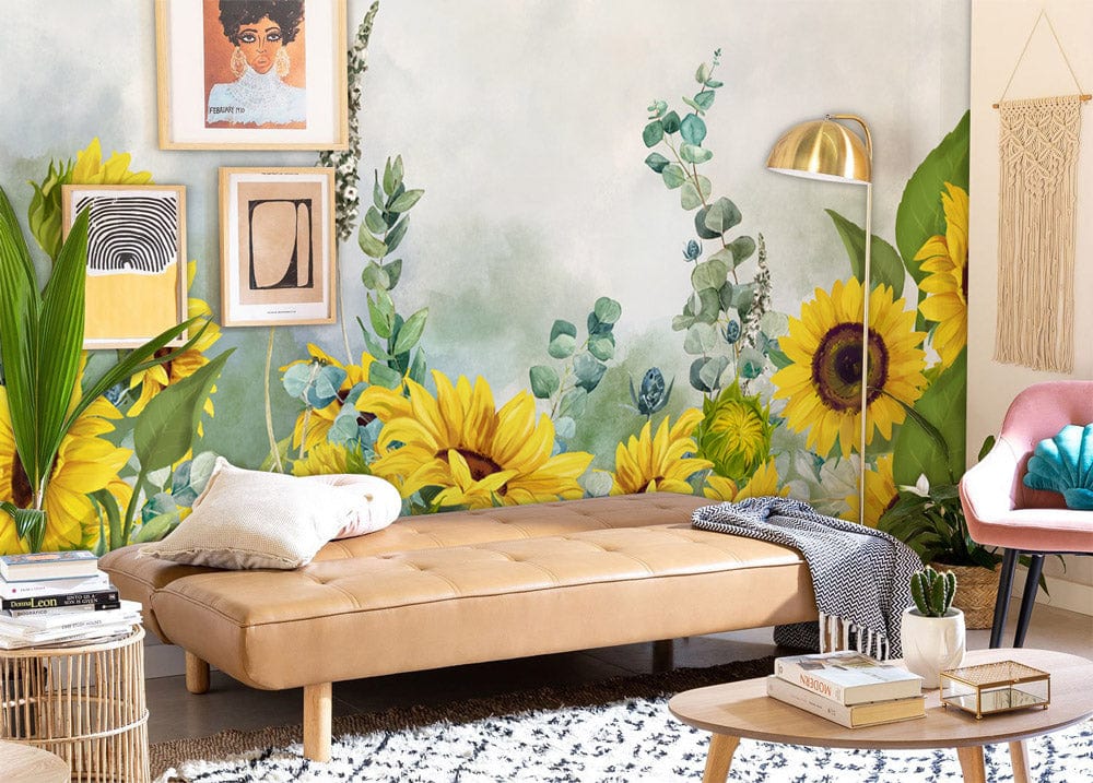 Sunflower Bliss mural wallpaper in serene room, tan daybed, eclectic decor, light wood flooring.