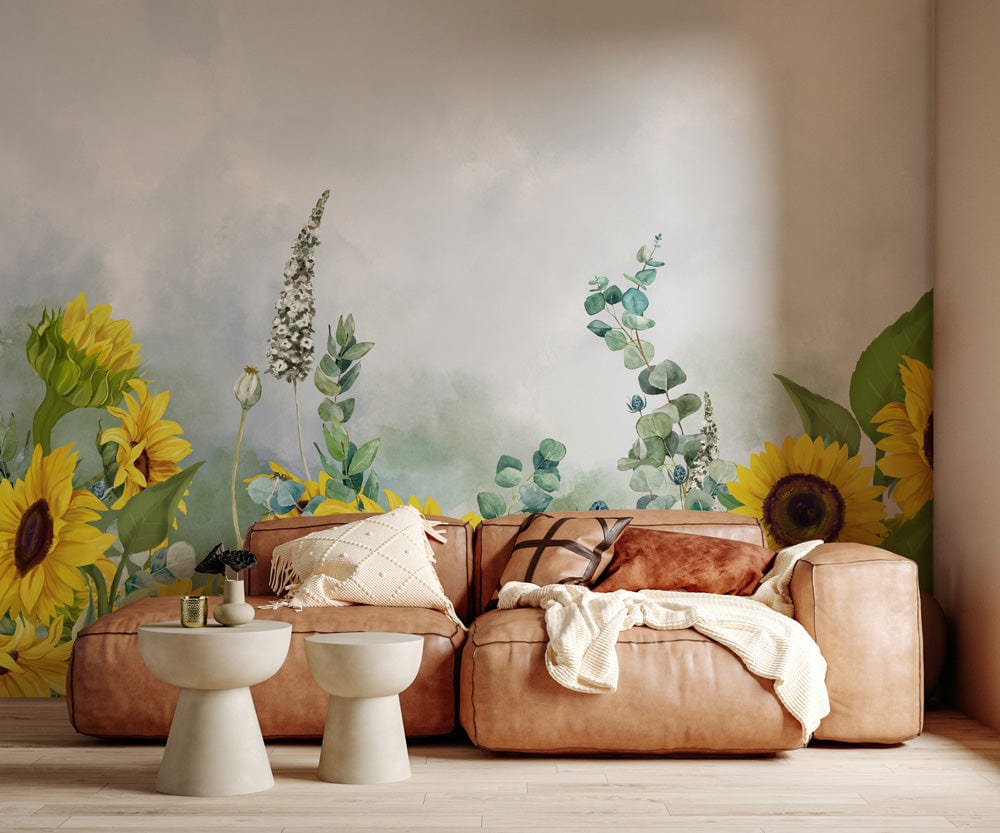 Sunflower Bliss mural in cosy living room with tan sofa, neutral walls, wooden flooring, round tables.
