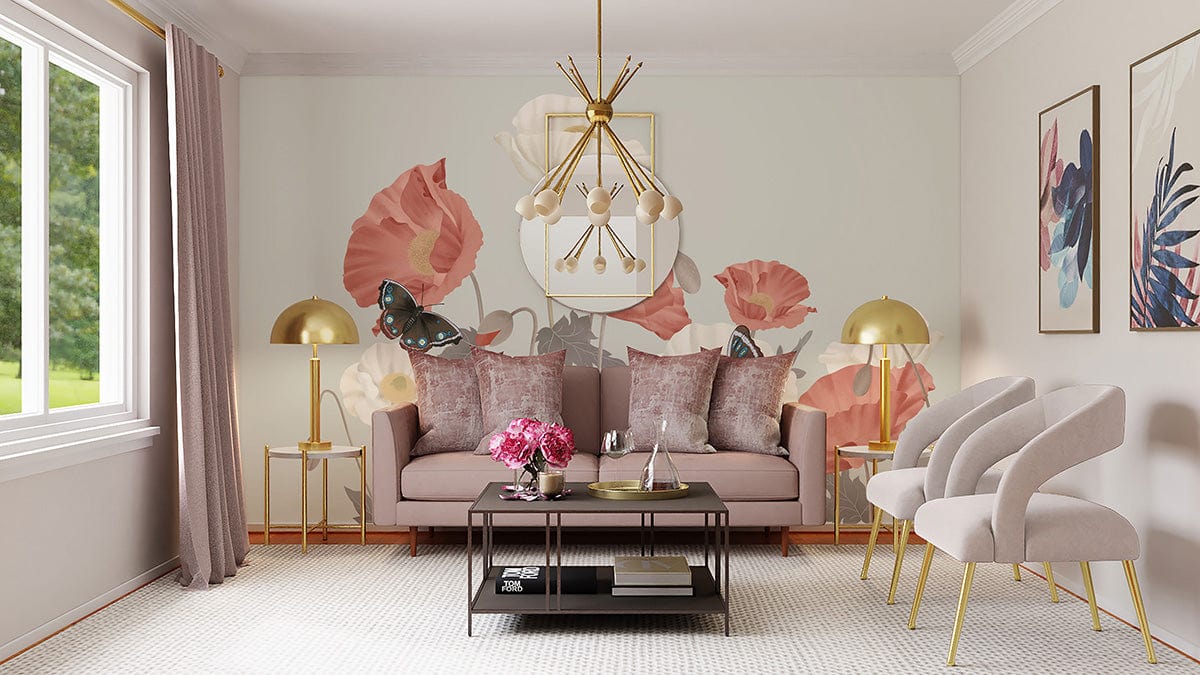Elegant living room with whimsical butterfly poppy wallpaper, pastel sofa, gold lamps, neutral Décor.