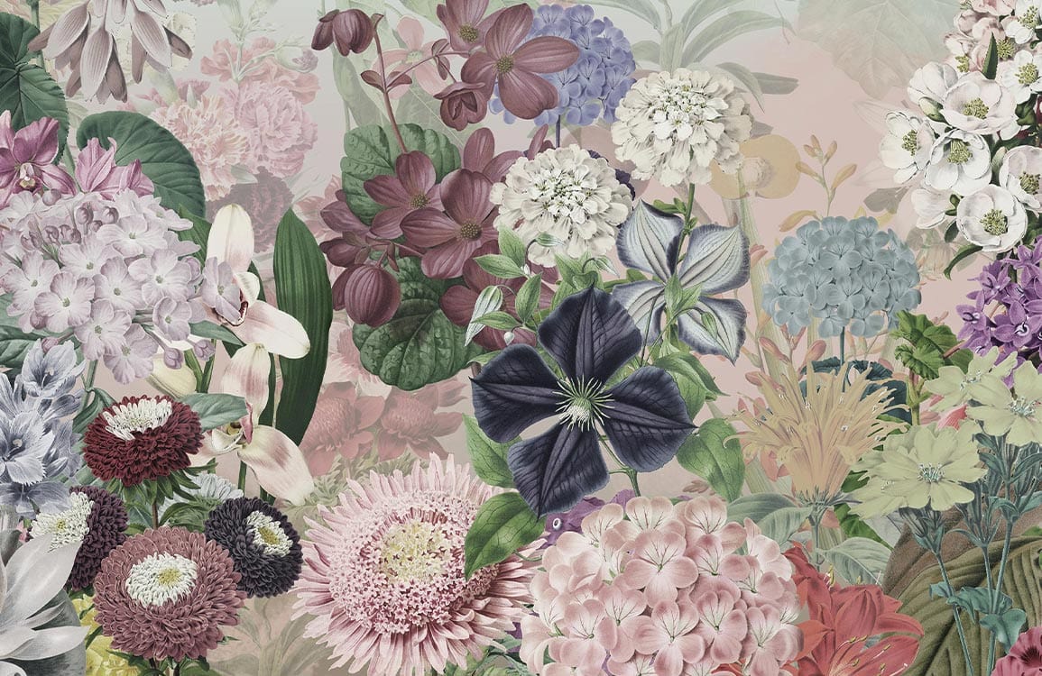Vintage Floral Garden Mural Wallpaper in Soft Pastel and Jewel Tones