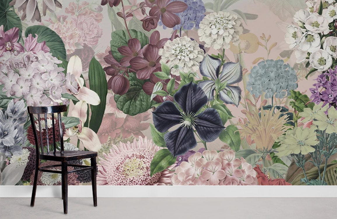 Vintage Floral Garden Wallpaper, pastel jewel tones, black chair, white skirting board, grey flooring.