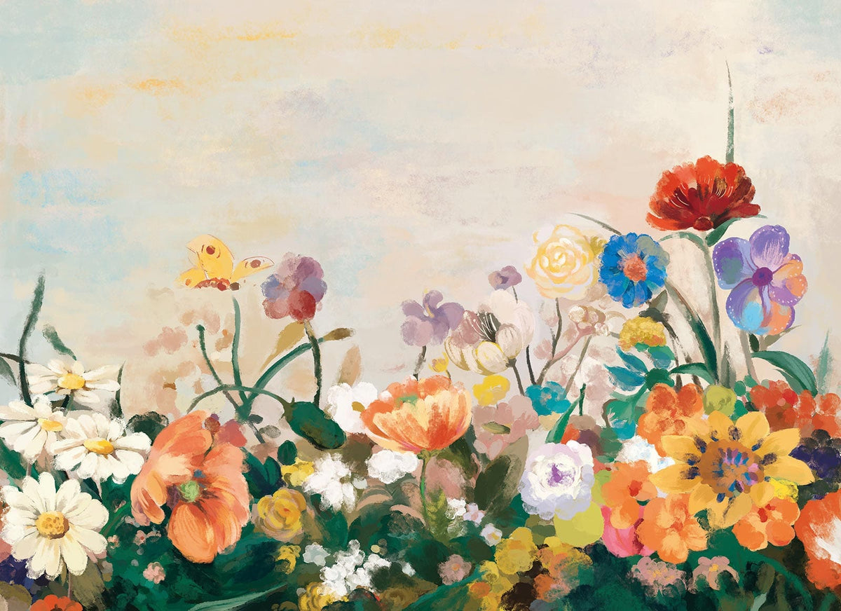 Vibrant Floral Meadow Mural Wallpaper with Pastel Sky Background Design
