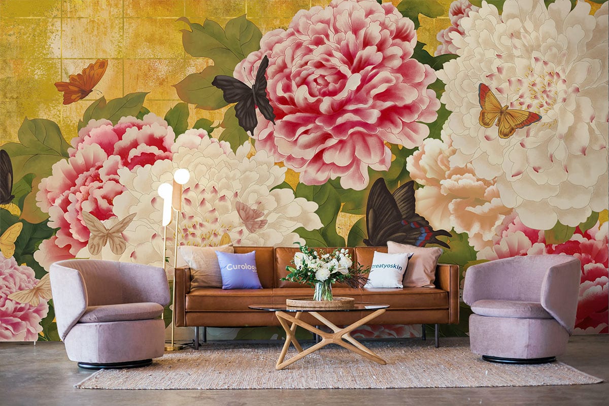 Elegant Vintage Floral Wallpaper in lounge, featuring butterflies, peonies, brown sofa, mauve chairs, rug.