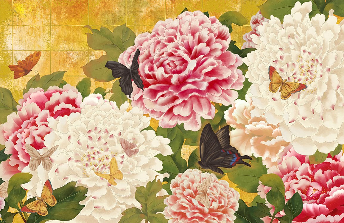 Elegant Vintage Floral Wallpaper with Butterflies and Peonies in Vibrant Colours