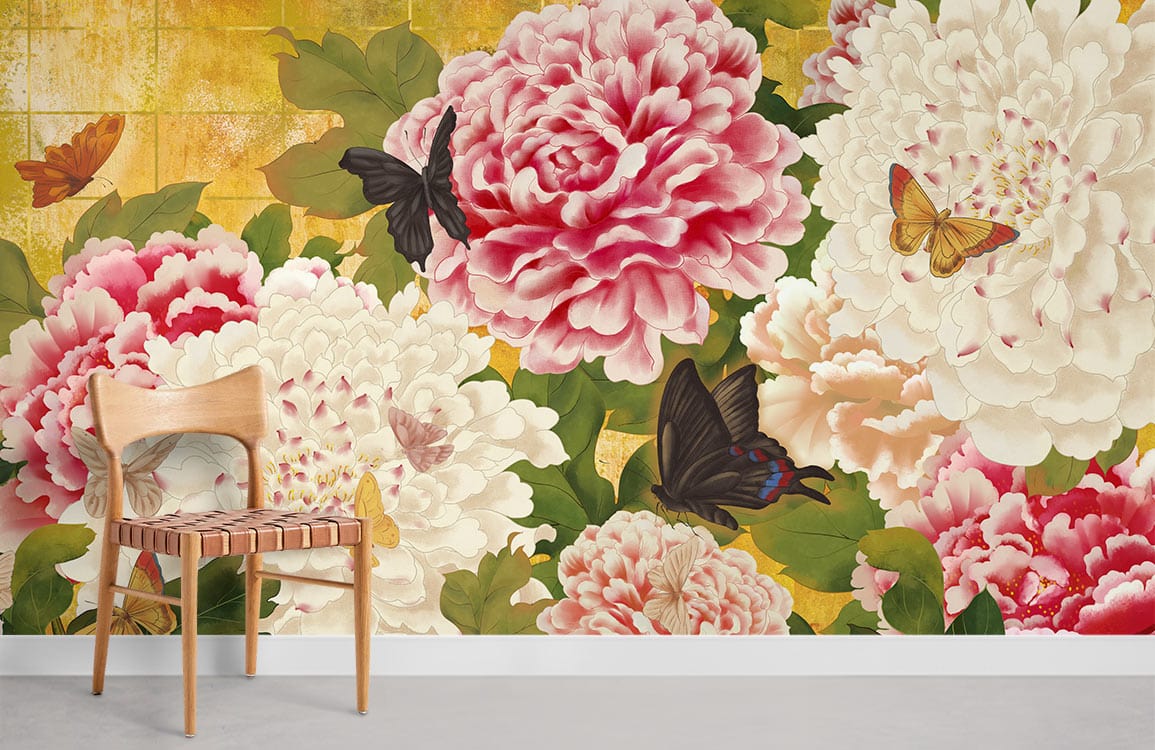 Elegant vintage floral wallpaper with butterflies, peonies, wooden chair, and white wall skirting in room.