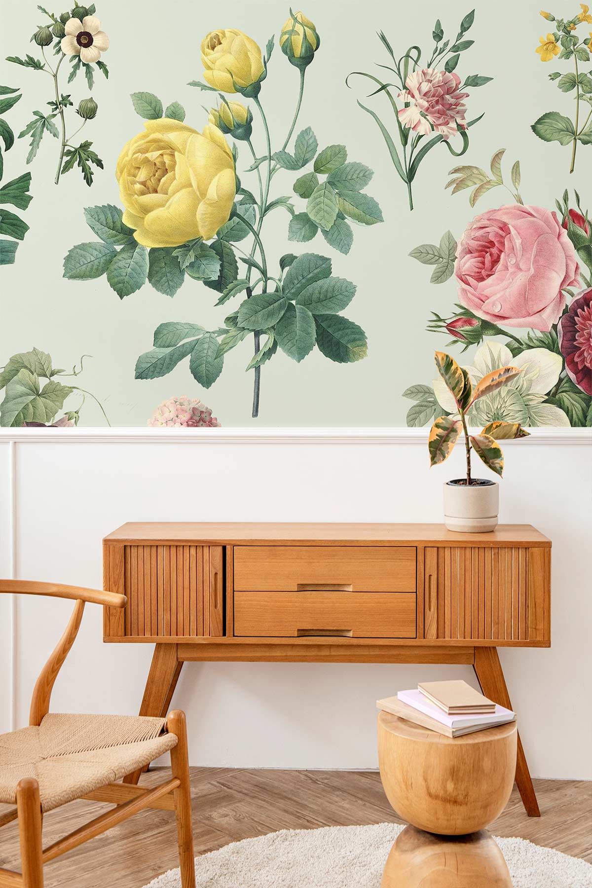 Vintage floral garden wallpaper, pastel green; wooden sideboard; chair; round table; elegant living room.