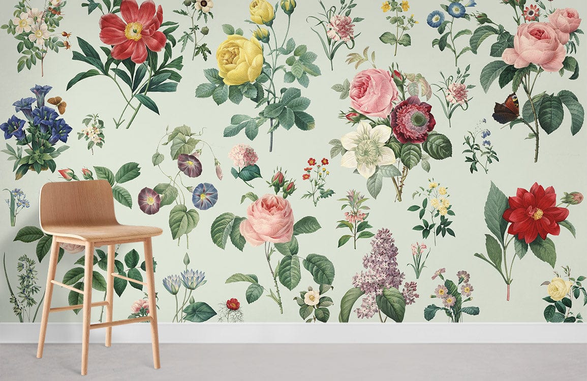 Vintage Floral Garden Wallpaper with elegant blossoms, pastel green background, wooden chair, and grey flooring.