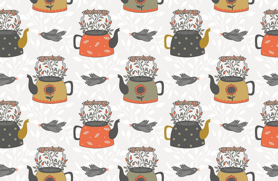 Vintage Teapot and Bird Pattern Wallpaper in Earthy Tones Style