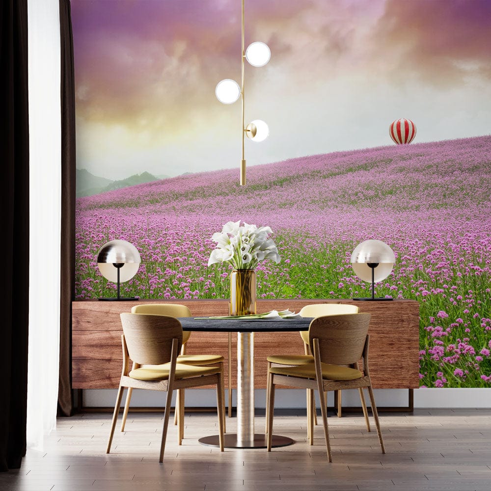 Dreamy Lavender Field Mural Wallpaper in dining room with wooden furniture and modern lighting fixtures.