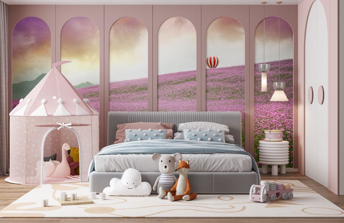 Dreamy Lavender Field Mural Wallpaper, pastel sunset theme, grey bed, wooden flooring, cosy children's room.