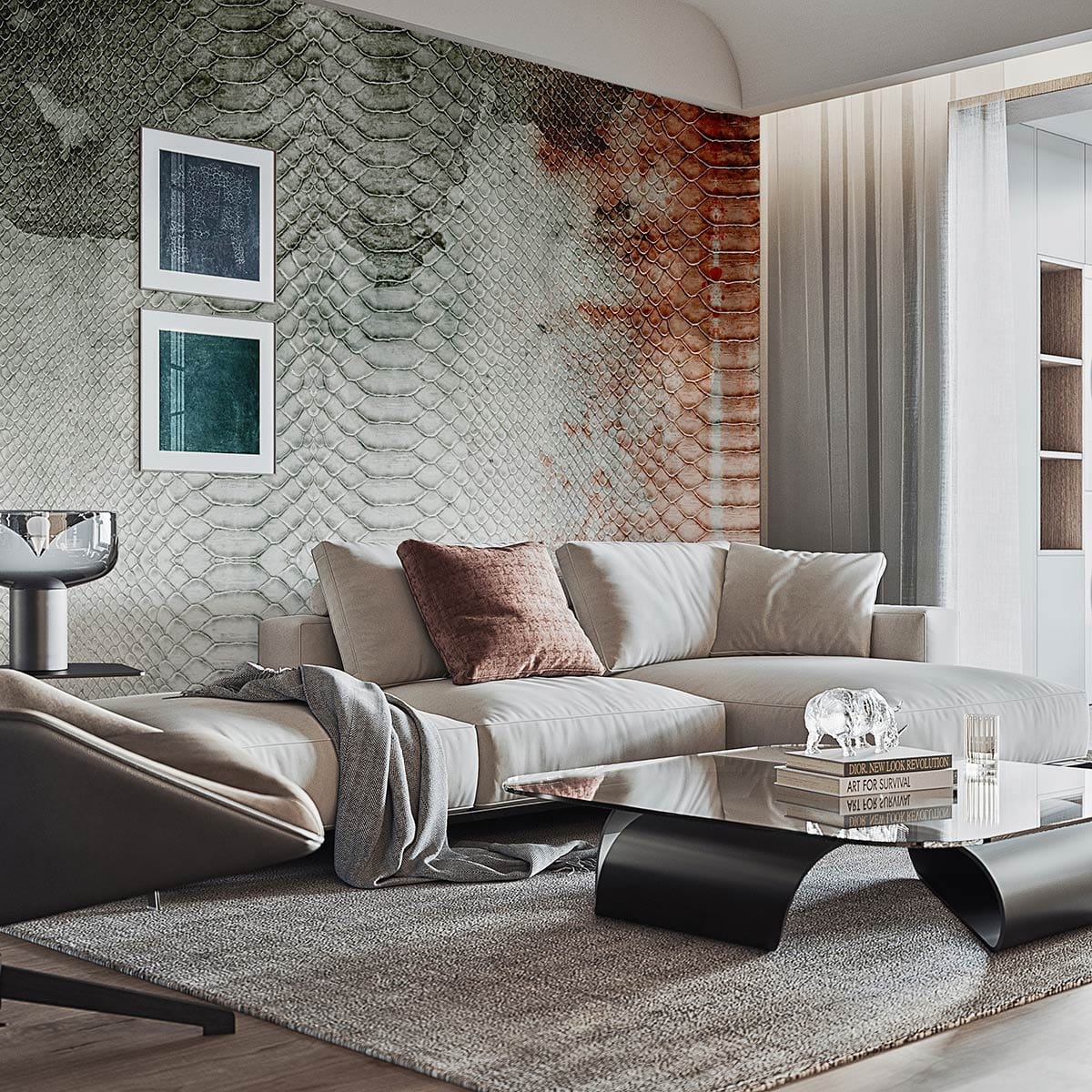 Modern interior with Rustic Grey and Red Textured Wallpaper, beige sofa, glass table, wood flooring.