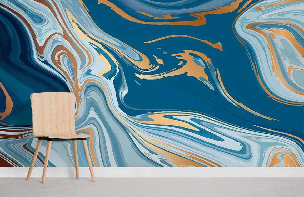 Luxury teal and gold marble pattern mural wallpaper, wooden chair, minimalist interior design, light flooring.