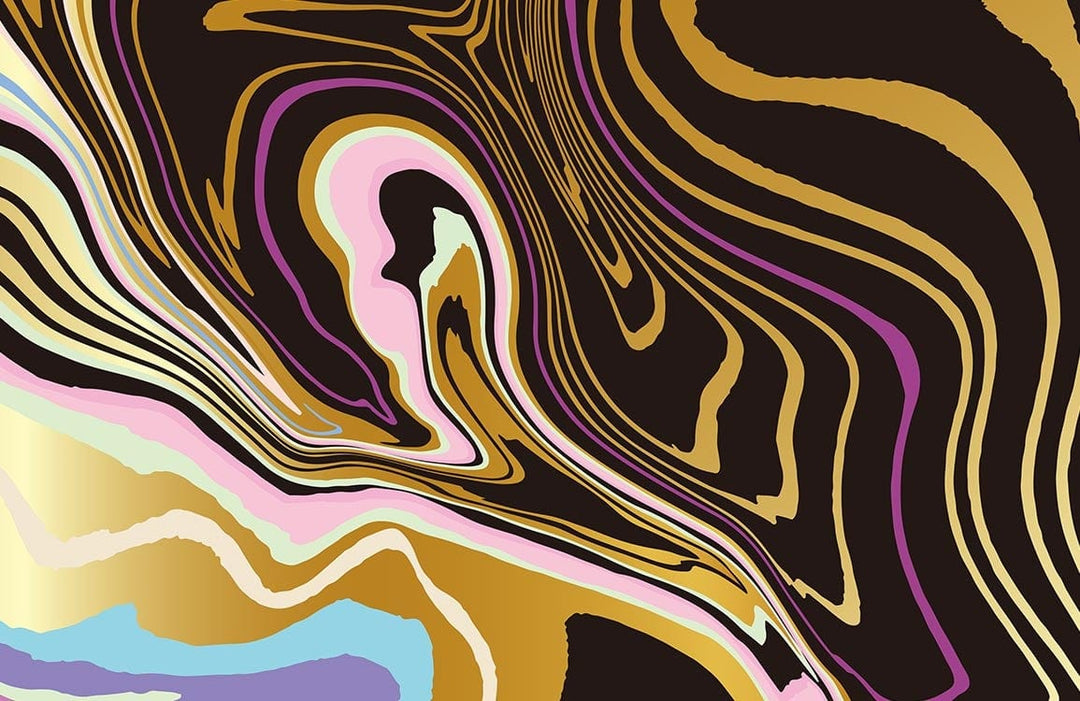 Psychedelic Swirl Pattern Mural Wallpaper in Black, Gold, and Pastel Hues