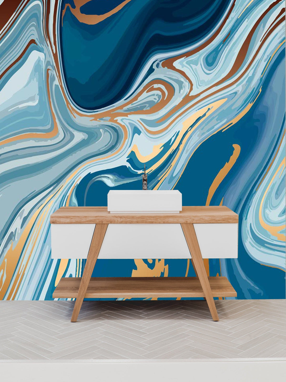 Luxury teal and gold marble mural wallpaper with modern sink cabinet, light herringbone flooring pattern.