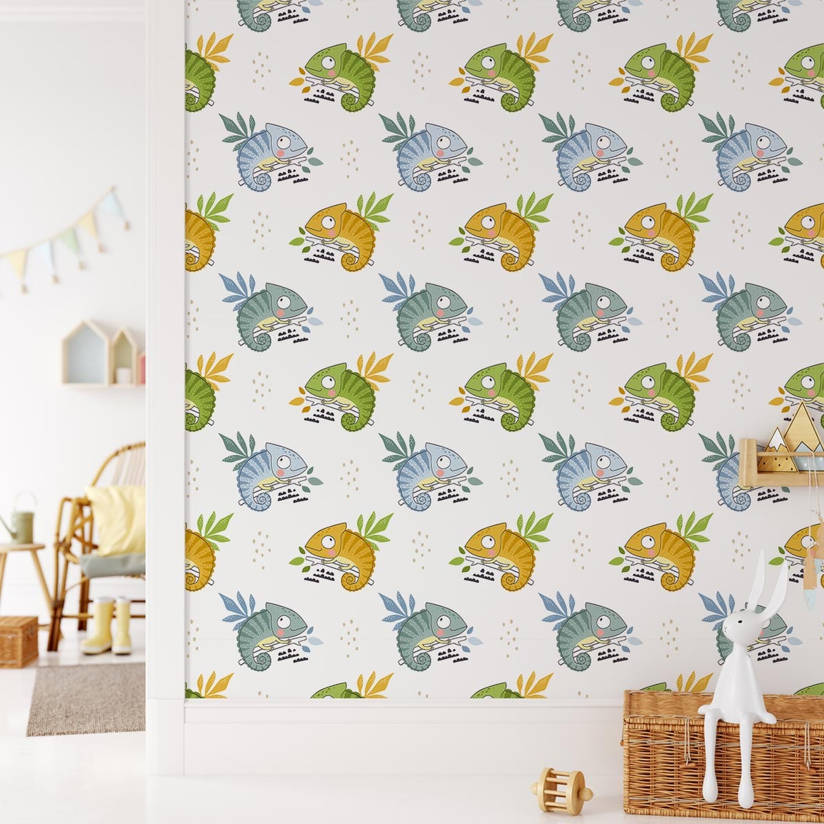 Vibrant Chameleon Jungle Patterned Wallpaper, kids room; wicker basket, white rug, natural decor.