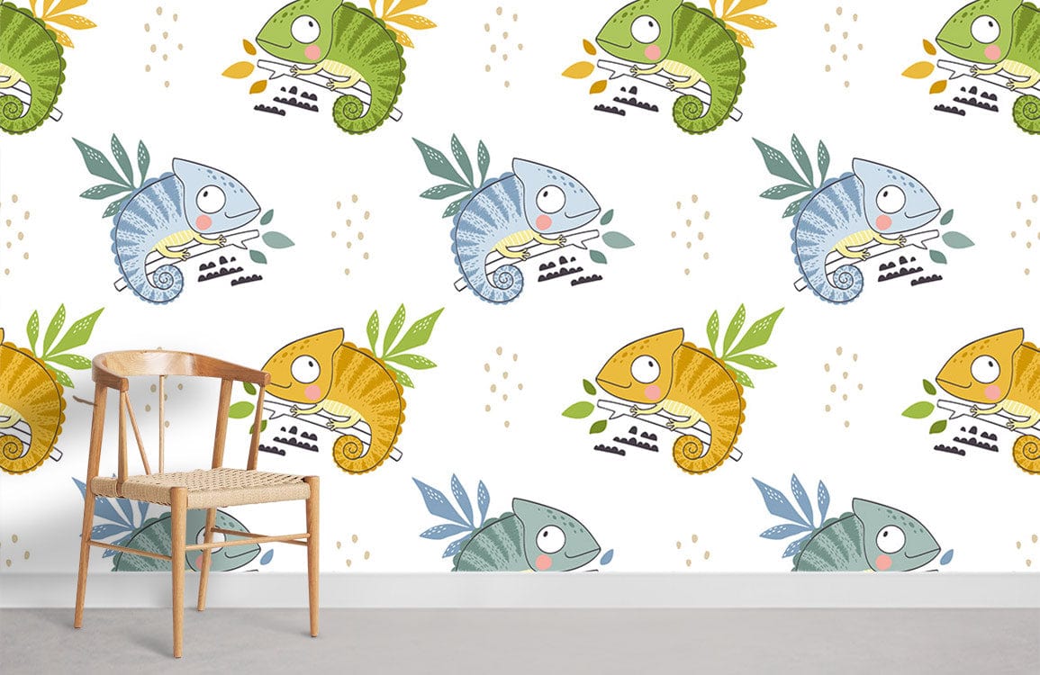 Vibrant chameleon jungle wallpaper in kids' room, featuring wooden chair, neutral flooring, playful decor.