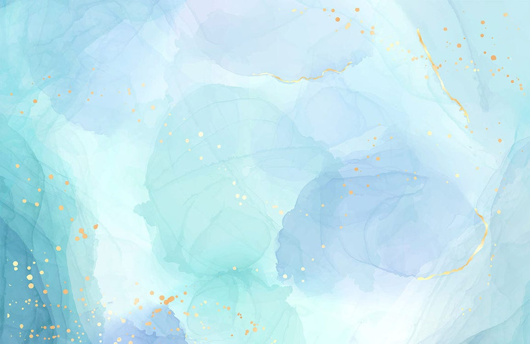 Elegant Watercolour Pastel Blue Abstract Gold Splatter Mural Wallpaper Décor