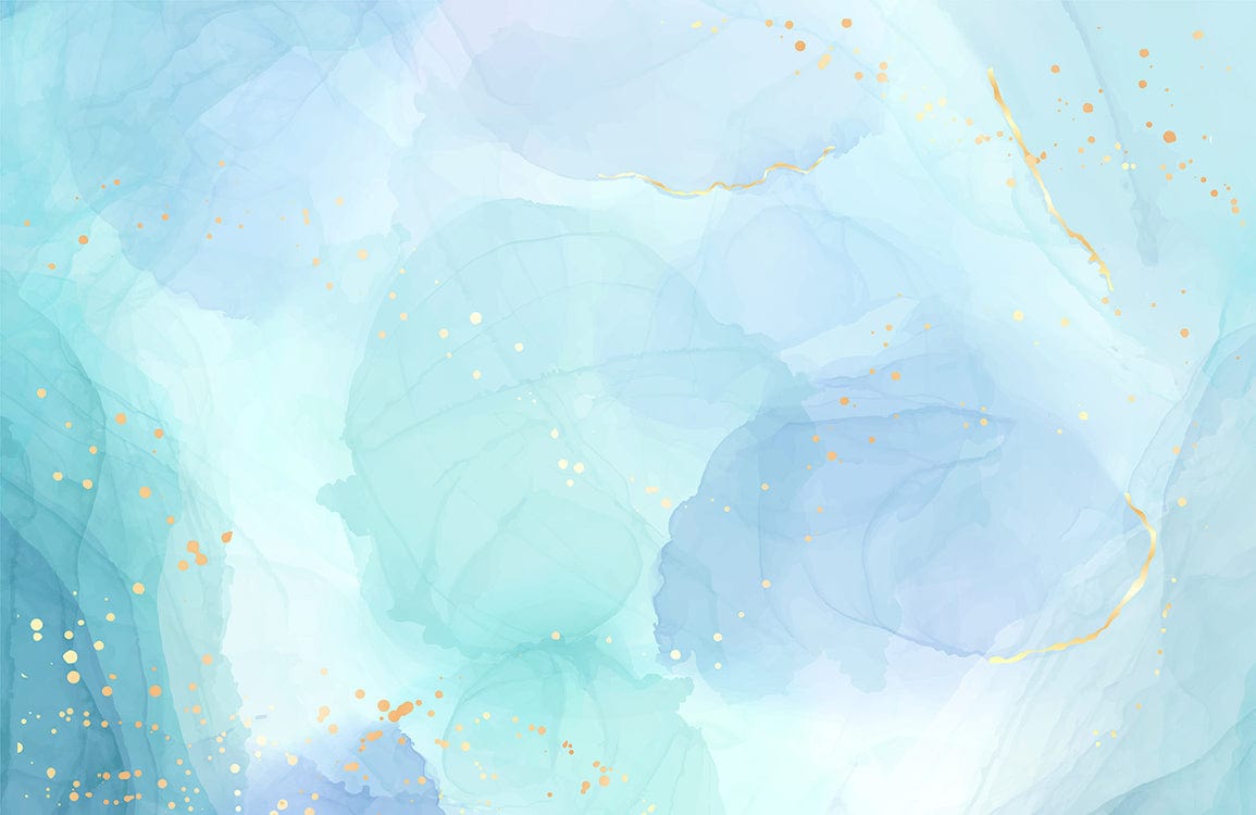 Elegant Watercolour Pastel Blue Abstract Gold Splatter Mural Wallpaper Décor