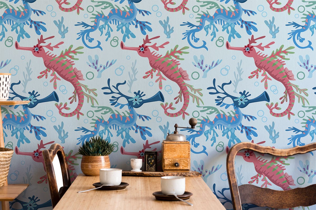 Colourful Sea Dragon Pattern Wallpaper with vibrant aquatic theme, rustic wooden chairs, and dining table.