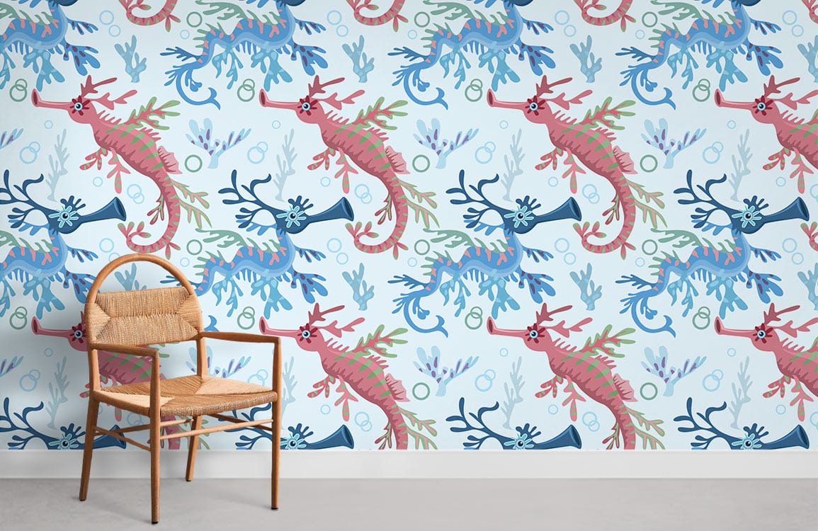 Blue and Pink Seahorses Mural Wallpaper Room