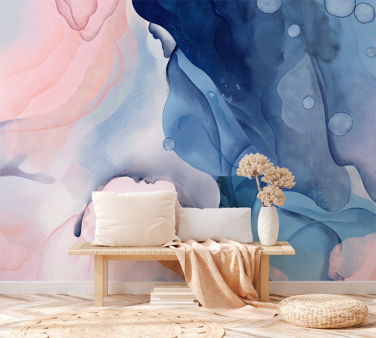 Elegant pastel watercolour swirl mural wallpaper, wooden bench with cushions, neutral rug; serene lounge decor.