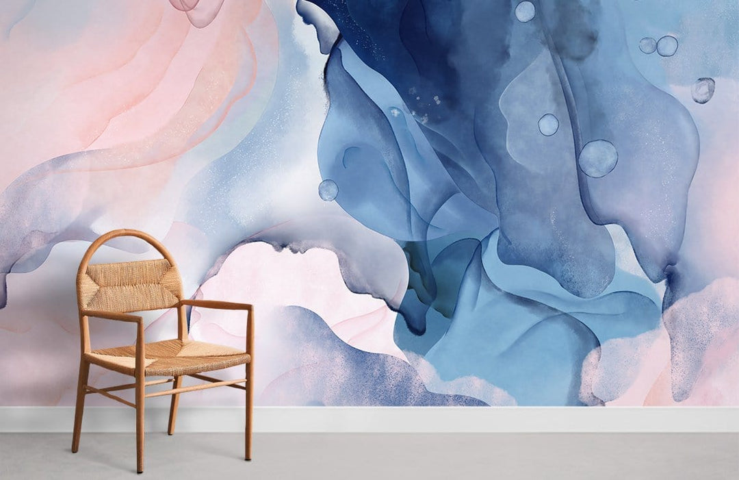 Elegant Watercolour Swirl Mural Wallpaper in pastel hues, wooden chair, minimalist style, soft flooring.