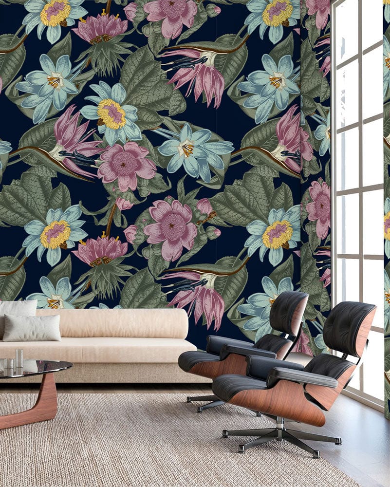 Luxurious Navy Botanical Floral Pattern Wallpaper with Pink and Green Accents
