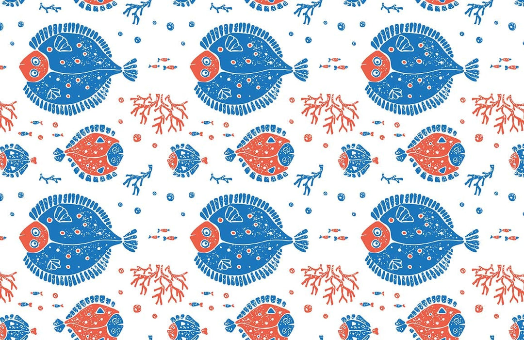 Playful Blue and Red Fish Pattern Coastal Kids' Room Wallpaper