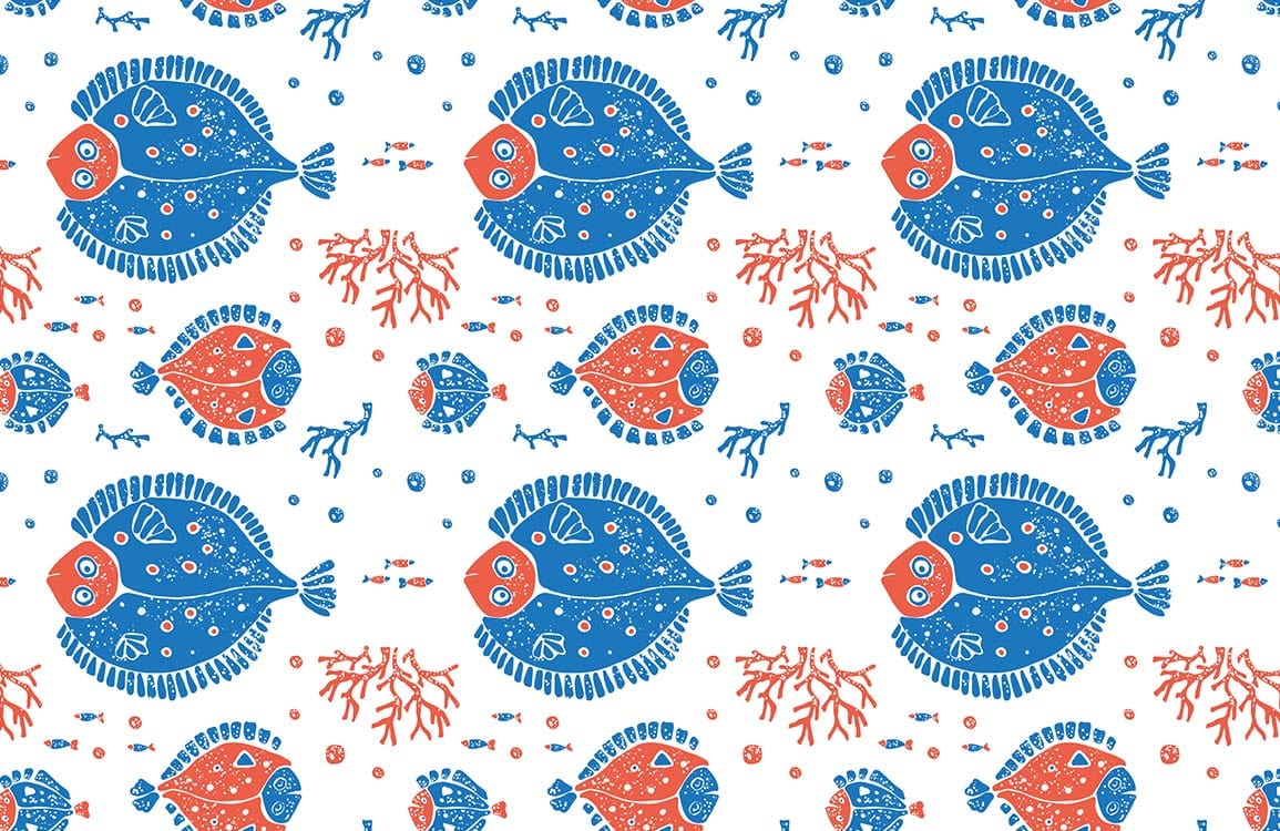 Playful Blue and Red Fish Pattern Coastal Kids' Room Wallpaper