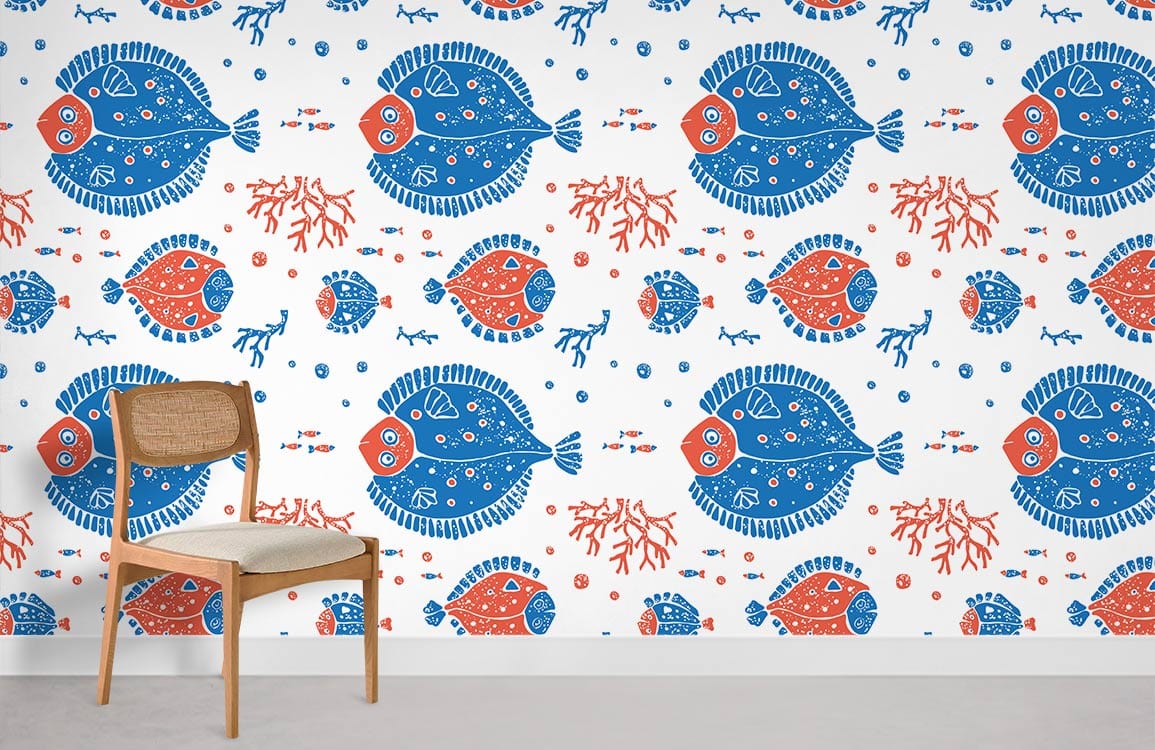 Playful blue and red fish wallpaper in kids' room, complemented by wooden chair and grey flooring.