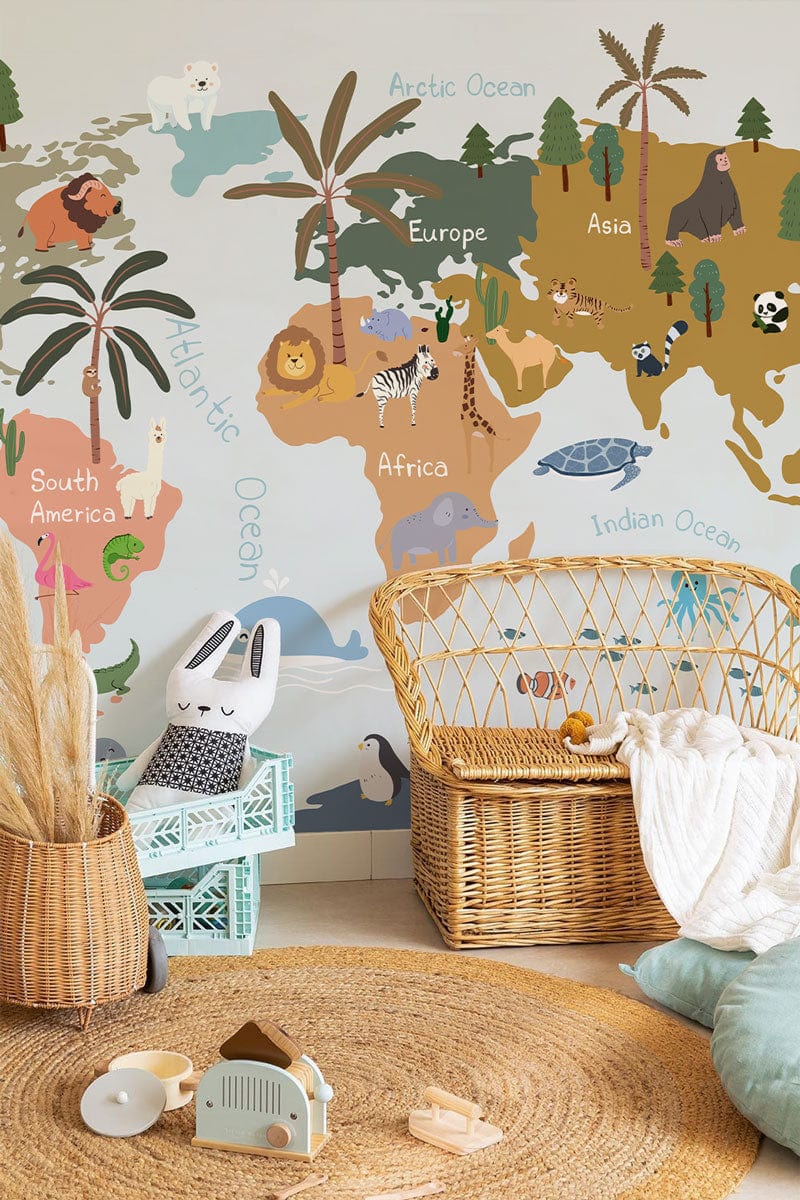 Whimsical World Map mural, rattan chair, wooden floor, cosy kids' room with playful decor elements.