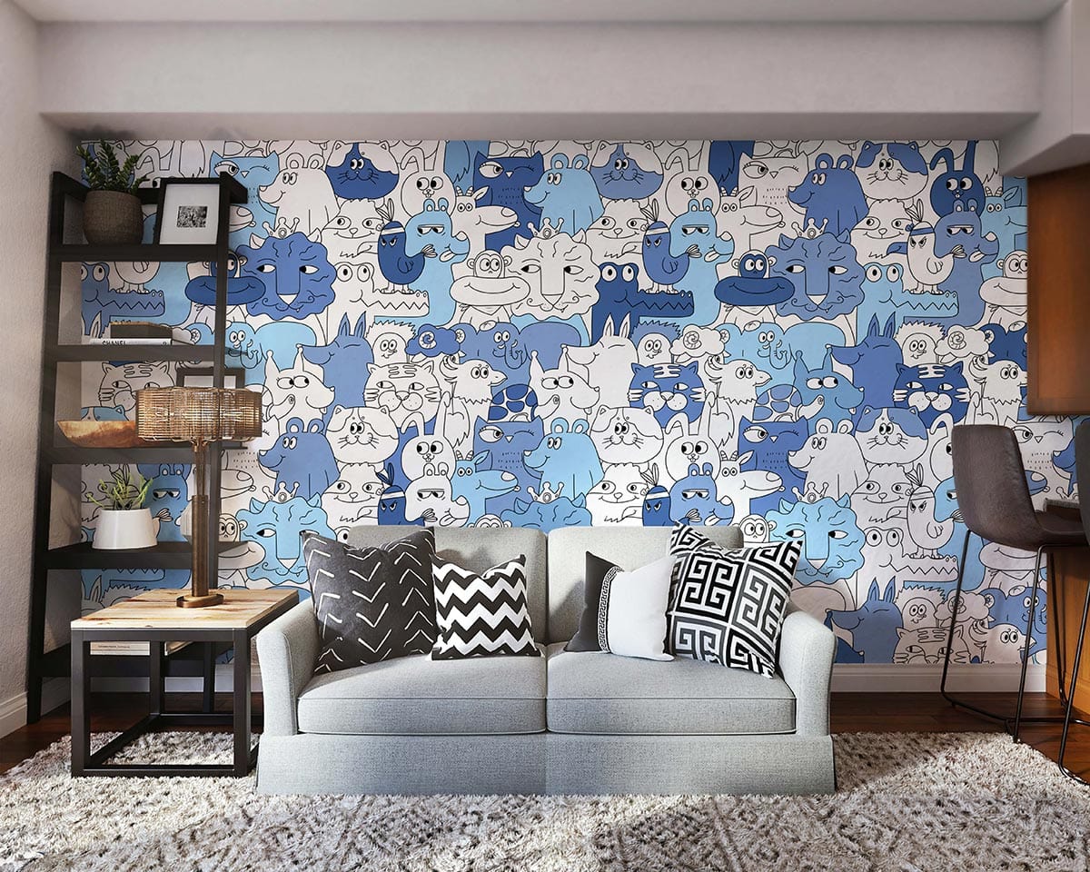 Playful blue animal wallpaper, grey sofa, patterned cushions, dark wood flooring, and industrial shelving unit.
