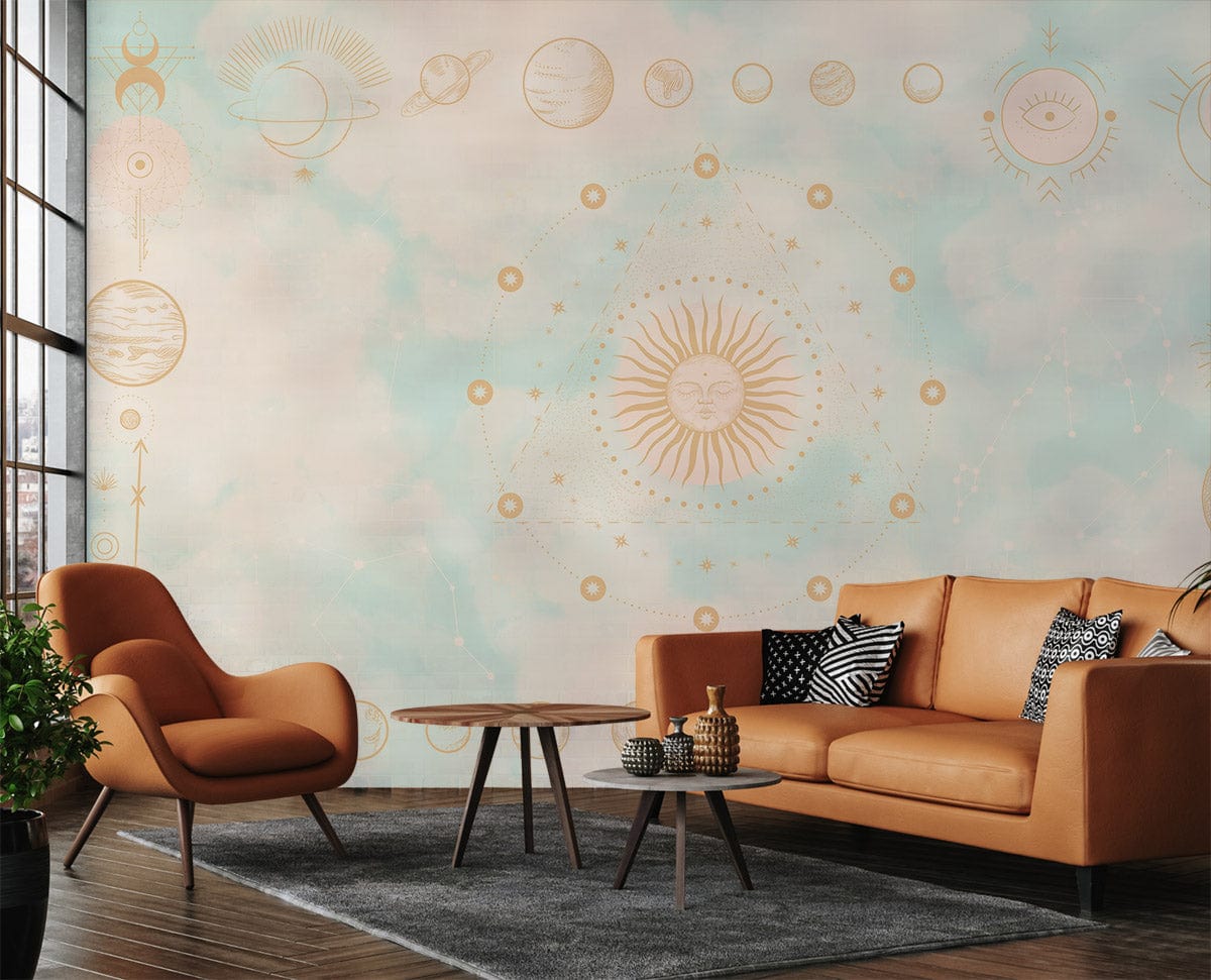 Celestial Dreams mural wallpaper with golden sun and planets, featuring tan leather sofa in modern lounge.