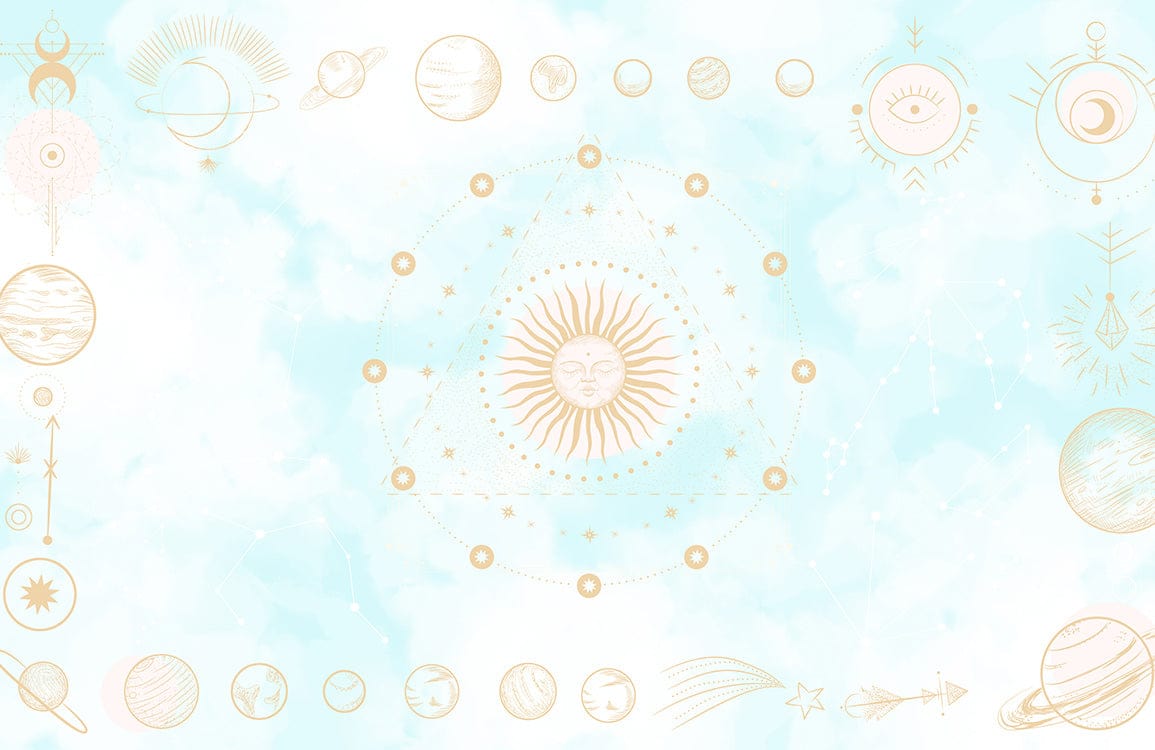 Celestial Dreams Sky Blue Mural Wallpaper with Golden Sun and Planets Design
