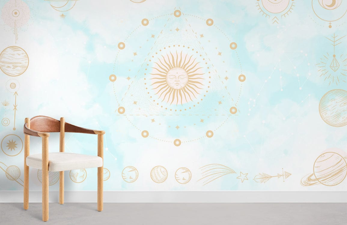 Celestial Dreams Sky Blue Mural Wallpaper, golden sun and planets, wooden chair, grey flooring.