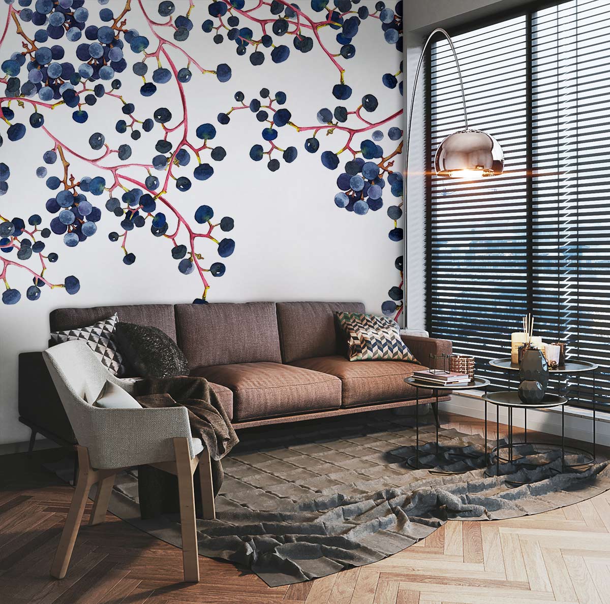 Elegant Blueberry Vine Watercolour Mural adorning living room with brown sofa, armchair, and chevron flooring.