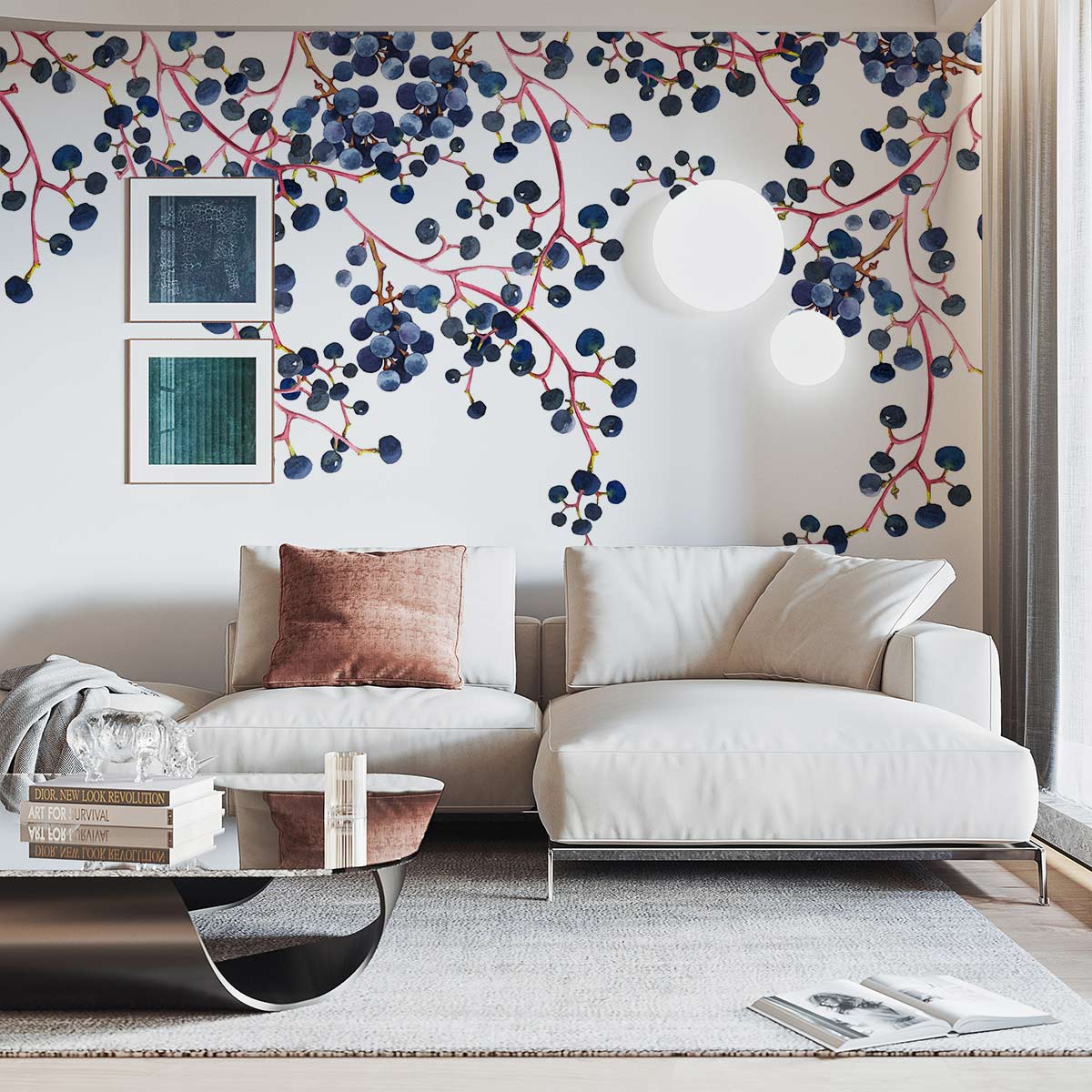 Elegant Blueberry Vine Watercolour Mural Wallpaper with cream sofa, modern lighting, and minimalistic decor.