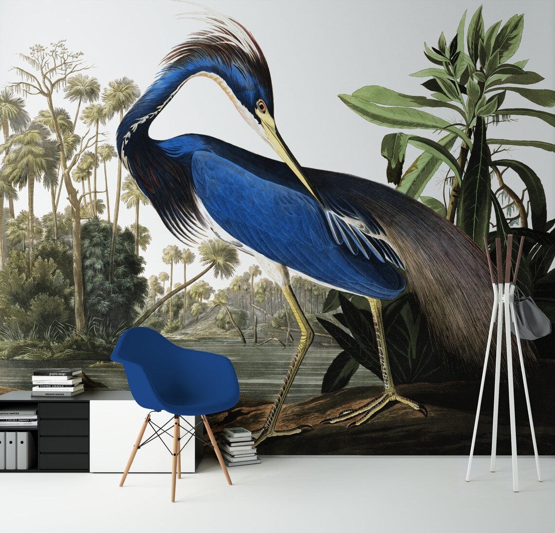 Elegant Blue Heron Mural Wallpaper in modern lounge with blue chair and minimalist decor elements.