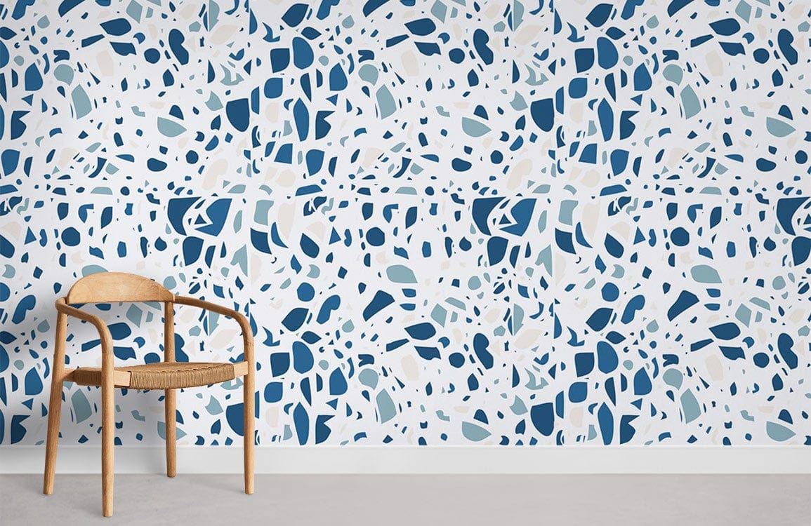 Modern blue-white terrazzo-pattern wallpaper, stylish interiors, wooden chair, grey flooring, wallpaper dimensions available.