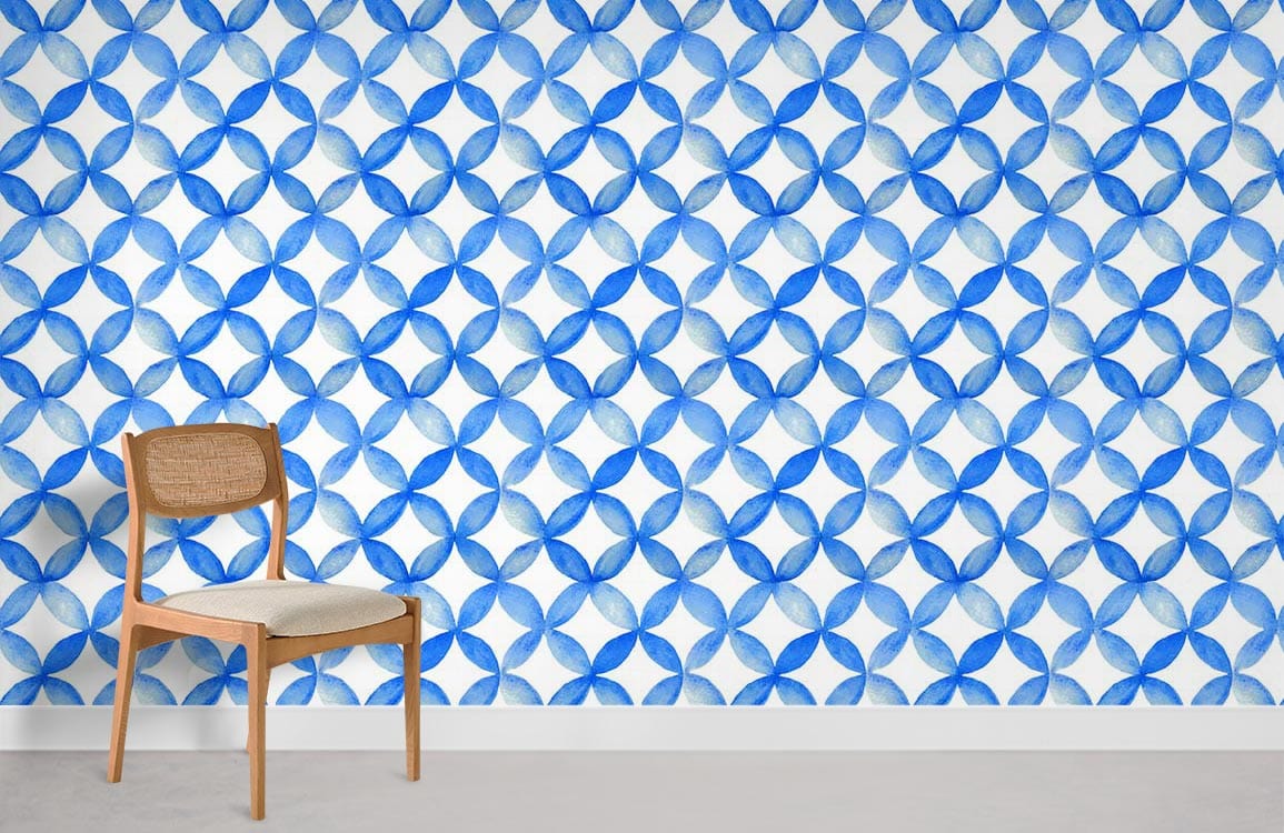 Blue Geometric Pattern Wallpaper for modern interiors with wooden chair on grey flooring.