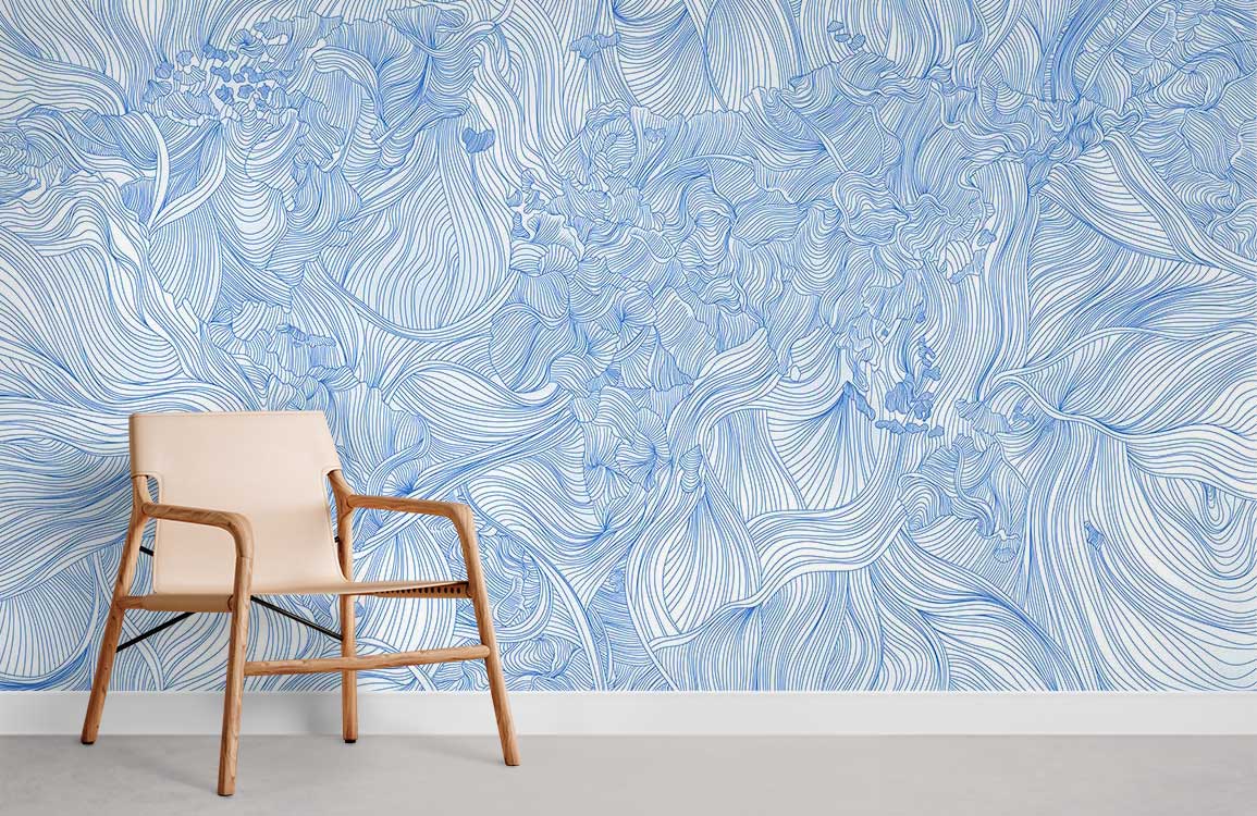 Elegant blue floral line art wallpaper with beige chair, modern interior design, grey flooring.