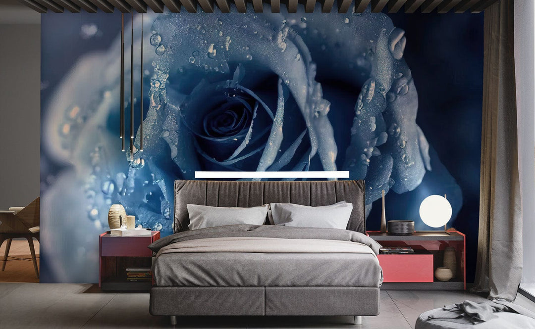 Elegant Blue Rose Wallpaper in Modern Bedroom, Grey Bed, Red Nightstands, Complementary Lighting Fixtures.