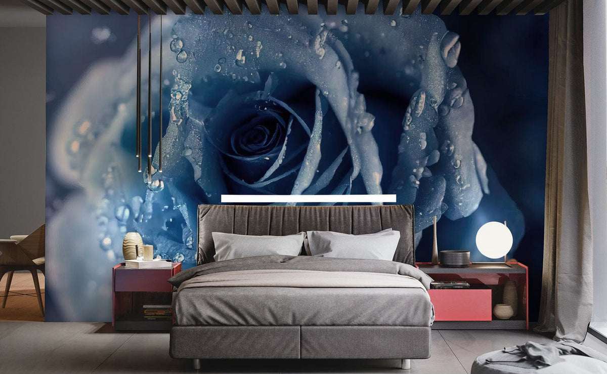 Elegant Blue Rose Wallpaper in Modern Bedroom, Grey Bed, Red Nightstands, Complementary Lighting Fixtures.