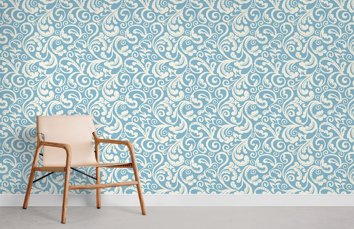 Elegant blue paisley wallpaper in vintage style with beige chair, grey floor, classic decor theme.